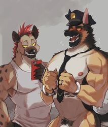 anthro anthro_on_anthro canid canine canis clothed clothing digit_ring domestic_dog dominant dominant_male duo gay genitals german_shepherd grey_background handcuffed herding_dog hi_res hyaenid jewelry k0bit0wani male male/male male_only mammal muscular muscular_male necktie nipples partially_clothed pastoral_dog pecs penis penis_base police_hat pubes ring sharp_teeth simple_background submissive submissive_male teeth wedding_ring yaoi