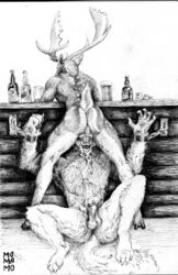 absurd_res animal_genitalia animal_penis anthro anthro_on_anthro anthro_penetrated anthro_penetrating anthro_penetrating_anthro antlers ass balls bodily_fluids bondage bondage bound canid canine canine_penis canis casual_sex cervid cervine counter cum cum_in_mouth cum_inside cum_on_body cum_on_face dominant dominant_male duo erection face_fucking fallow_deer forced forced_oral genital_fluids genitals hi_res horn irrumatio knot male male/male male_penetrated male_penetrating male_penetrating_male mammal momamo monochrome muscular muscular_male nude open_mouth oral oral_penetration penetration penile penis precum public sex simple_background spread_legs spreading squirming submissive submissive_male tail_tuft tongue traditional_media_(artwork) tuft