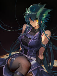 arm_belt bangs bare_shoulders belt black_shirt breasts cocaduel corruption dark_persona feet_out_of_frame female genderswap genderswap_(mtf) green_hair hair_between_eyes highres jacket johan_andersen large_breasts leg_belt long_hair possessed rule_63 shadow shirt sitting skirt sleeveless sleeveless_jacket sleeveless_shirt solo spiked_hair thigh_strap thighhighs turtleneck very_long_hair yellow_eyes yu-gi-oh! yu-gi-oh!_gx yubel