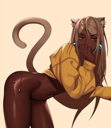 1girls 2021 animal_ears ass blonde_hair bottomless bottomless_female brown-haired_catgirl_(kevbot) brown_skin cat_ears catgirl dark-skinned_female dark_skin earrings female female_only kevbot large_ass long_hair mature_female milf original simple_background sweater tail thick_thighs thighs