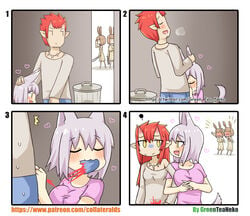 4koma absurd_res animal_humanoid asian_mythology big_breasts blood blood_stain blush bodily_fluids bottomwear breasts brown_clothing brown_dress brown_hair butcher_knife canid canid_humanoid canine canine_humanoid canis castration cheering chiropteran cleaver_(weapon) closed_eyes clothed clothing cock_and_ball_torture comedy comic cum cum_in_mouth cum_inside demon denim denim_clothing digital_media_(artwork) dog_humanoid domestic_dog dress duo ear_grab east_asian_mythology english_text eye_roll fellatio female female/female female_penetrated funny genital_fluids genitals gesture greenteaneko grey_hair hair hand_over_shoulder heart hi_res hiding horn horned_humanoid humanoid humanoid_pointy_ears humor japanese_mythology jeans lagomorph lagomorph_humanoid leporid_humanoid light_body light_skin long_sleeves male male/female male_penetrating male_penetrating_female mammal mammal_humanoid melee_weapon mongirl_4koma mtf_crossgender mythology oni open_mouth oral pale pants penetration penile penis penis_biting rabbit_humanoid red_hair rule_63 sex sweat text toony tooth_necklace trash_can url weapon yelling yellow_eyes yōkai