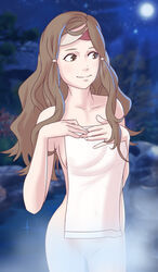 1girls bare_shoulders bath breasts brown_eyes brown_hair collarbone female_only fire_emblem fire_emblem_fates full_moon hana_(fire_emblem) long_hair moon naked_towel night nintendo nude nude_female onsen pastryboy pussy small_breasts small_towel smile solo steam towel