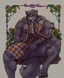 2021 abs anthro anus ass balls biceps blue_eyes brown_drawing_kuma canid canine canis chest_tuft claws clothed clothing clothing_lift digital_media_(artwork) ear_tuft erection fangs floral_background foreskin front_view fur genitals grey_body grey_fur grey_hair hair hi_res humanoid_genitalia humanoid_penis kilt magnus_(wolfstar) male male_only mammal muscular muscular_anthro muscular_male neck_tuft nipples pecs penis perineum presenting presenting_balls presenting_penis pubes quads retracted_foreskin sharp_teeth simple_background sitting solo tail_tuft teeth toe_claws triceps tuft wolf