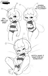 absurd_res animal_humanoid arthropod arthropod_humanoid bee bee_humanoid blush breasts clitoris cute_fangs dialogue disembodied_penis duo english_text expunged faceless_character faceless_male female genitals greeting hi_res humanoid hymenopteran hymenopteran_humanoid insect_humanoid insects lying male male/female maya_(maya_the_bee) maya_the_bee monochrome non-mammal_breasts on_back penis pussy simple_background small_breasts spread_pussy spreading text young