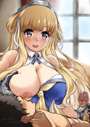 1boy areolae blonde_hair blue_shirt blush breasts censored cleavage commission double_bun female fletcher_(kantai_collection) gloved_handjob gloves grey_gloves hair_ornament hairband handjob highres kantai_collection lactation large_breasts long_hair male mosaic_censoring neckerchief nipples nursing_handjob off_shoulder penis purple_eyes ribbon sailor_collar school_uniform serafuku shirt skeb_commission smile star_(symbol) star_hair_ornament upper_body white_ribbon white_sailor_collar yellow_neckwear yo-suke