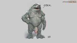 16:9 1boy 2021 4_fingers anthro balls big_balls big_penis bodily_fluids dc_comics english_text fingers fish flaccid foreskin genital_fluids genitals gesture grey_background grey_body grey_skin hi_res humanoid_genitalia humanoid_penis king_shark laser_(artist) male male_only marine musclegut muscular muscular_male nude penis pointing pointing_at_penis precum shark simple_background solo text vein veiny_penis widescreen