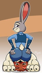 absurd_res anthro ass clothing disney duo ears_up facesitting female foot_fetish foot_sniffing fur grey_body grey_fur hands hi_res judy_hopps lagomorph leporid male male/female mammal myxi nick_wilde on_hips police police_officer police_uniform purple_eyes rabbit smile smiling_at_viewer sniffing uniform wide_hips zootopia