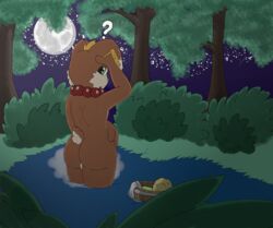 anthro ass balls bathing blonde_hair brown_body brown_fur chimerastories fur genitals girly grass green_eyes hair hi_res lagomorph looking_at_viewer looking_back male mammal moon nude outside plant pond pooka prayer_beads shrub solo star tan_body tan_fur tree water