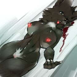 1:1 anonymous_artist anthro blood bodily_fluids breasts brown_body brown_fur canid canine canis claws corpse death female fur gore mammal nipples nude snuff white_pubes white_tuft wolf