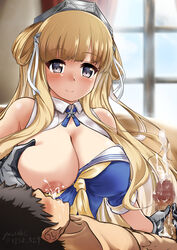 1boy areolae blonde_hair blue_shirt blush breasts censored cleavage commission cum double_bun ejaculation female fletcher_(kantai_collection) gloved_handjob gloves grey_gloves hair_ornament hairband handjob highres kantai_collection lactation large_breasts long_hair male mosaic_censoring neckerchief nipples nursing_handjob off_shoulder purple_eyes ribbon sailor_collar school_uniform serafuku shirt skeb_commission smile star_(symbol) star_hair_ornament upper_body white_ribbon white_sailor_collar yellow_neckwear yo-suke