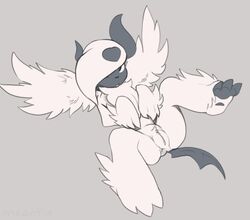 2016 3_fingers 3_toes absol chest_tuft claws digital_drawing_(artwork) digital_media_(artwork) feathered_wings feathers feet female feral finegan fingers fluffy fur genitals grey_background grey_body horn humanoid_genitalia humanoid_pussy looking_at_viewer lying mega_absol mega_evolution monochrome nintendo on_back open_mouth pokémon_(species) pokemon pokemon_(species) pussy simple_background solo spread_legs spreading toes tuft video_games white_body white_feathers white_fur wings