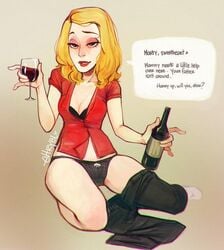 1girls beth_smith black_panties bra clothes_removed dialogue drunk ehryel female female_only implied_incest incest milf mother panties rick_and_morty solo undressing wine wine_bottle wine_glass