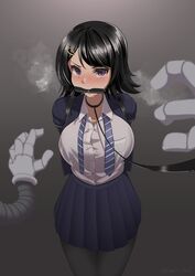 1girls arms_behind_back big_breasts bit_gag black_collar black_hair blue_shirt blush bondage bound collar drooling gag gagged hair_ornament heavy_breathing imminent_rape kanie_did leash mechanical_arms necktie necktie_aside open_eyes purple_eyes saliva short_hair sweat untied_tie