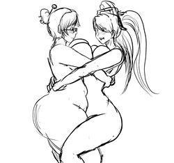 2girls bearhug belly_to_belly black_and_white catfight chubby eyewear fighting glasses hair_bun hug huge_ass huge_breasts league_of_legends long_hair mei_(overwatch) mutual_bearhug naked overwatch sketch sona_buvelle symmetrical_docking titfight twintails wrestling yuri