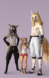 3d_(artwork) 5_fingers absurd_res age_difference anthro armwear blonde_hair blush bottomwear breasts brown_hair bulge camel_toe canid canine canis clothed clothed_female clothing collar detailed_bulge digital_media_(artwork) dirty dirty_clothing domestic_dog elbow_gloves equid equine erect_nipples eyeliner female fingers footwear freckles fur geir genital_outline gloves green_eyes grey_hair group hair hands_behind_back hands_on_hips handwear hi_res horse hotpants large_male legwear long_hair long_tail looking_away looking_up_at_another makeup male mammal mostly_clothed mouse multicolored_body multicolored_fur multicolored_hair murid murine muscular muscular_male navel nipples no_shoes orange_body orange_fur pattern_clothing pattern_legwear pattern_socks penis_outline portia_(geir) rami_(geir) rodent shirt shoes shorts silver_eyes simple_background size_difference small_breasts smaller_female sneakers socks spiked_collar spikes spots spotted_body spotted_fur standing sunburn tan_body tan_fur tank_top text text_on_clothing text_on_shirt text_on_topwear topless topless_male topwear trio twintails wrist_guards yellow_eyes