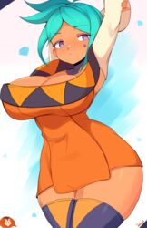 arms_behind_head arms_up arms_up_pose big_ass big_breasts cerebella dark-skinned_female dark_skin green_hair green_lipstick jellcaps latina pose posing purple_eyes seductive skullgirls solo solo_female tattoo thick_thighs