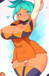 arms_behind_head arms_up arms_up_pose big_ass big_breasts cerebella dark-skinned_female dark_skin green_hair green_lipstick jellcaps latina looking_at_viewer pose posing purple_eyes seductive skullgirls solo solo_female tattoo thick_thighs