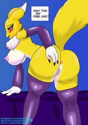 <3_eyes anthro anus artykfrozt ass bandai_namco clothing digimon digimon_(species) english_text female genitals hand_on_butt heart hi_res legwear nipples pink_nipples pointy_breasts presenting presenting_anus presenting_hindquarters pussy renamon sign simple_background solo text thigh_highs tongue tongue_out url yellow_body