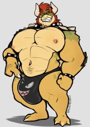 2023 abs anthro barazoku barefoot bedroom_eyes biceps big_bulge big_muscles big_pecs bowser bracelet bulge bullet_bill_underwear claws clothed clothing collar eyebrows feet grey_background hair haps hi_res horn huge_bulge huge_muscles huge_pecs huge_thighs jewelry koopa looking_at_viewer male male_only mario_(series) muscular muscular_anthro muscular_male narrowed_eyes navel nintendo nipples non-mammal_nipples pecs plantigrade scalie seductive shadow shell signature simple_background smile smirk solo spiked_bracelet spiked_collar spiked_shell spikes spikes_(anatomy) standing teeth thick_thighs thong topless topless_anthro topless_male underwear