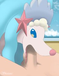 absurd_res balls beach blue_eyes bodily_fluids detailed_background duo fellatio female female_on_human genitals hair hi_res human human_penetrating humanoid_genitalia humanoid_penis interspecies male male/female mammal nintendo oral oral_penetration penetration penile penis pokémon_(species) poképhilia pokemon primarina saliva saliva_on_penis seaside sex shazarc tongue tongue_out video_games