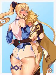 1boy 1girls aether_(genshin_impact) ass big_ass big_butt blonde_hair blush braided_hair closed_eyes cum cum_between_thighs cumshot ejaculation female genshin_impact gloves hair_ribbon hugging jean_gunnhildr jean_gunnhildr_(sea_breeze_dandelion) kukumomo light-skinned_female light-skinned_male light_skin long_hair male_blushing standing thick_thighs thigh_sex thighs