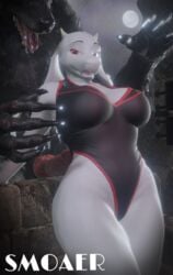 3d animal_genitalia animal_penis anthro bodily_fluids breasts canid canine canine_penis curvy_figure drooling duo female furry genitals highres larger_male light male mammal moonlight one-piece_swimsuit penis saliva size_difference smaller_female smoaer swimwear toriel undertale undertale_(series) voluptuous were werecanid werecanine werewolf