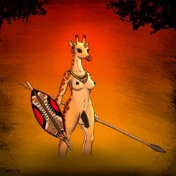 1:1 1futa africa anthro balls black_nipples black_penis breasts furry futanari genitals giraffe giraffid gynomorph hi_res horn intersex jewelry kincute mammal melee_weapon mwamini nipples nude ossicone penis polearm princess royalty shield solo spear sunny tribal warrior weapon