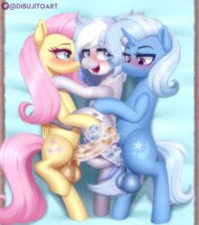 2021 absurd_res balls blush bodily_fluids cum cutie_mark dibujito digital_media_(artwork) equid equine eyebrows eyelashes female feral fluttershy_(mlp) friendship_is_magic futa_focus futanari genital_fluids genitals group gynomorph gynomorph/female hasbro hi_res horn intersex intersex/female lynxie_(subtiltycypress) mammal medial_ring my_little_pony open_mouth pegasus penis rule_63 smile trixie_(mlp) unicorn vein wings