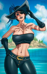 beach big_breasts black_gloves black_hair black_lips black_lipstick blue_eyes cleavage derushy eyepatch gloves hand_on_waist hourglass_figure huge_breasts midriff millennium4ever original_character pirate rareware scar scars sea_of_thieves short_hair small_waist solo tattoo tattoos the_gotthards xbox_game_studios