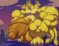 2021 3_heads 4_toes anthro balls big_balls big_muscles big_penis blush bobert bridge dragon evening feet genitals godzilla_(series) grin huge_balls huge_cock huge_muscles humanoid_genitalia humanoid_penis hydra hyper hyper_balls hyper_genitalia hyper_muscles hyper_penis kaiju king_ghidorah looking_at_viewer macro male multi_head muscular nipples nude orange_balls orange_nipples orange_penis penis sky smile solo toes toho vein veiny_penis yellow_body yellow_skin