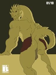 absurd_res anthro ass balls bottomwear clothing demon dragon flashing genitals hi_res loincloth looking_at_viewer male mrsb muscular presenting raised_tail red_eyes shendu solo