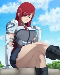 1girls big_breasts breasts erza_scarlet fairy_tail female female_only large_breasts outdoors panties ravenravenraven solo thick_thighs white_panties wide_hips