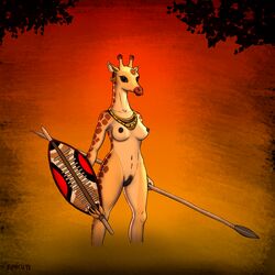 1:1 africa animal_genitalia animal_pussy anthro black_nipples black_pussy breasts ear_piercing ear_ring female genitals giraffe giraffid hi_res horn jewelry kincute mammal melee_weapon mwamini nipples nude ossicone piercing polearm pussy shield solo spear sunny tribal warrior weapon