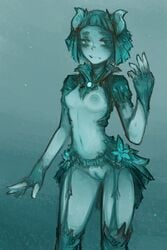 1girls bangs blue_body blue_eyes blue_hair breasts elemental_creature elemental_humanoid female female_only genitals hair horn horned_humanoid humanoid looking_at_viewer mostly_nude navel nipples not_furry pussy small_breasts solo standing syvaron