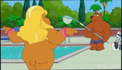 animated bear big_ass big_butt blonde_hair cleaning female furry licking_lips male poolboy poolside showing_breasts showing_off sunglasses swimming_pool the_cleveland_show towel towel_drop wide_hips