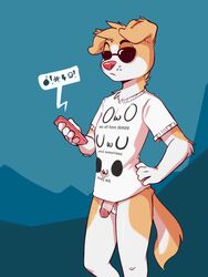 2021 3:4 absurd_res anthro balls bottomless canid canine canis cellphone circumcised clothed clothing conditional_dnp digital_media_(artwork) domestic_dog elijah-draws english_text eyewear flaccid fur genitals hi_res holding_cellphone holding_object holding_phone humor male male_only mammal multicolored_body multicolored_fur owo penis phone pink_nose shaded shirt solo sunglasses t-shirt text text_on_clothing text_on_shirt text_on_topwear topwear two_tone_body two_tone_fur uwu white_body white_fur yellow_body yellow_fur