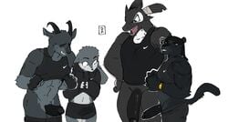 absurd_res alternate_species anthro black_body black_fur blush bottomless bovid caprine clothed clothing comparing comparing_penis do-rag ear_piercing ear_ring erection erection_under_clothing felid fur goat goon_(goonie_san) goonie-san grey_body grey_fur group hi_res horn lagomorph leporid male mammal marine melanistic navel pantherine piercing rabbit scar smile square_crossover