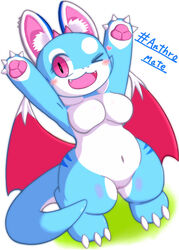 anthro anthromate big_breasts blush body_blush breasts butt_wings chiropteran claws dragon female fino_(anthromate) genitals heart hi_res hybrid looking_at_viewer mammal one_eye_closed open_mouth pawpads pink_eyes pink_pawpads potechi pupils pussy pussy_blush semi-anthro simple_background slit_pupils smile white_background wide_hips wings wink