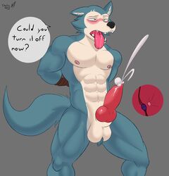 abs absurd_res animal_genitalia anthro balls beastars blush bodily_fluids bound canid canine canis charlieleobo cum cumshot dialogue digital_media_(artwork) ejaculation english_text erection fur genital_fluids genitals grey_body grey_fur hands-free hi_res knot legoshi_(beastars) looking_pleasured looking_up male male_only mammal muscular muscular_anthro muscular_male nipples nude pecs penis saliva sex_toy simple_background solo text tongue tongue_out vibrator wolf