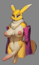 anthro areola armwear balls bandai_namco big_breasts big_penis blue_eyes breasts bridal_gauntlets clothing digimon digimon_(species) eyelashes fur futanari genitals glans grey_background gynomorph hi_res humanoid_genitalia humanoid_penis intersex long_penis mostly_nude multicolored_body multicolored_fur nipples penis renamon saggy_balls simple_background solo standing tan_body tan_fur tenacitrus two_tone_body two_tone_fur wide_hips yellow_body yellow_fur yin_yang