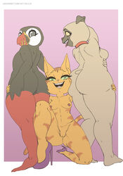 3girls absurd_res alcid anthro ass avian between_butts big_butt bird black_eyes breasts bunny_(litterbox_comics) canid canine canis collar domestic_cat domestic_dog felid feline felis female female_only fran_(litterbox_comics) gardenminttea gradient_background green_eyes green_sclera grey_sclera hi_res high_heels lari litterbox_comics looking_at_another looking_back mammal mature_female milf molosser multiple_girls nipples open_mouth puffin pug pussy sandwiched signature simple_background small_molosser thick_thighs tongue tongue_out toy_dog webcomic yellow_sclera