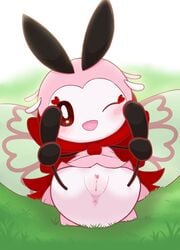 absurd_res anus arthropod blush chibi cute female genitals grass_field hi_res kajiura legs_up lifting_legs light_blush lying nintendo on_back one_eye_closed pink_body pokémon_(species) pokemon pussy ribombee shiny_pokémon shiny_pokemon solo spread_legs video_games wink