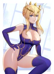 1girls artoria_pendragon artoria_pendragon_(lancer) big_breasts blonde_hair blue_eyes breasts eye_contact fate/grand_order fate_(series) female gloves hand_on_hip leotard long_hair looking_at_viewer rezodwel solo standing thick_thighs thighhighs