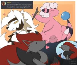 accessory aiden_laninga animal_genitalia annoyed balls bovid canid canine caprine casual_nudity delta-eon dominic_armois english_text feral fetch flaaffy fluffy fox fully_sheathed fur genitals group happy headband heart lycanroc lyre_belladonna male mammal mane midnight_lycanroc narrowed_eyes nintendo pokémon_(species) pokemon pokemon_(species) pokemon_mystery_dungeon sheath sheep simple_background stick text video_games wanderlust wool_(fur) zoroark