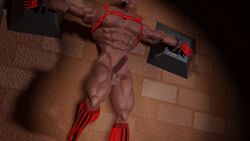 16:9 3d_(artwork) abs anthro balls biceps big_muscles bondage bondage bound bovid bovine brick_wall clothed clothing digital_media_(artwork) faceless_character faceless_male facial_hair footwear genitals gloves goatee handcuffed handwear hi_res male male/male mammal manly mindorbody muscular muscular_anthro muscular_male nipples partially_clothed pecs penis quads red_clothing red_footwear red_gloves red_handwear red_harness red_socks socks solo wall_(structure) widescreen