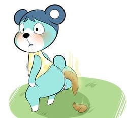 animal_crossing anthro anus bluebear_(animal_crossing) blush bottomless clothed clothing crouching digital_media_(artwork) feces female filth filthy fur genitals grass hair humanoid_genitalia humanoid_pussy mammal nervous nintendo plant pooping_on_floor pooping_on_grass pussy round_tail scat scat simple_background skunkbutts solo stink_lines tagme ursid ursine video_games