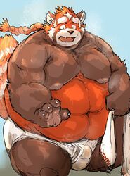 2021 ailurid anthro balls_outline belly blush brown_body bulge clothing genital_outline humanoid_hands kemono kotobuki lifewonders male male_only mammal moobs navel nipples obese obese_male orange_body overweight overweight_male penis_outline red_panda sitting solo tokyo_afterschool_summoners towel underwear video_games zhurong_(tokyo_afterschool_summoners)