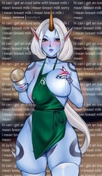 apron apron_only areola big_breasts blue_body blue_skin blush bodily_fluids breasts clothing container cup english_text erect_nipples female green_apron hair hi_res horn horned_humanoid huge_breasts humanoid humanoid_pointy_ears i_mean_breast_milk iced_latte_with_breast_milk lactating lactation league_of_legends legwear lips long_hair looking_at_viewer meme merellyne milk_drip mostly_nude nipples pink_nipples ponytail riot_games skindentation solo soraka starbucks text thick_lips thick_thighs thigh_highs video_games white_hair wide_hips yellow_eyes