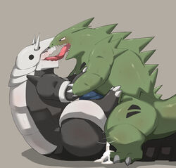 aggron ambiguous_gender bamumu10 blush bodily_fluids claws cum digital_media_(artwork) drooling duo embrace eye_contact feral french_kissing genital_fluids hi_res horn hug kissing looking_at_another male male/male nintendo open_mouth penetration pokemon pokemon_(species) saliva saliva_on_tongue scalie sex simple_background sweat tongue tongue_out tyranitar video_games