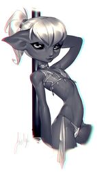 2020 asura bikini choker clothing dancing female glistening glistening_body glistening_skin grey_body grey_skin guild_wars hair humanoid jewelry licheart necklace pole pole_dancing ponytail side-tie_bikini solo swimwear video_games white_hair yenna